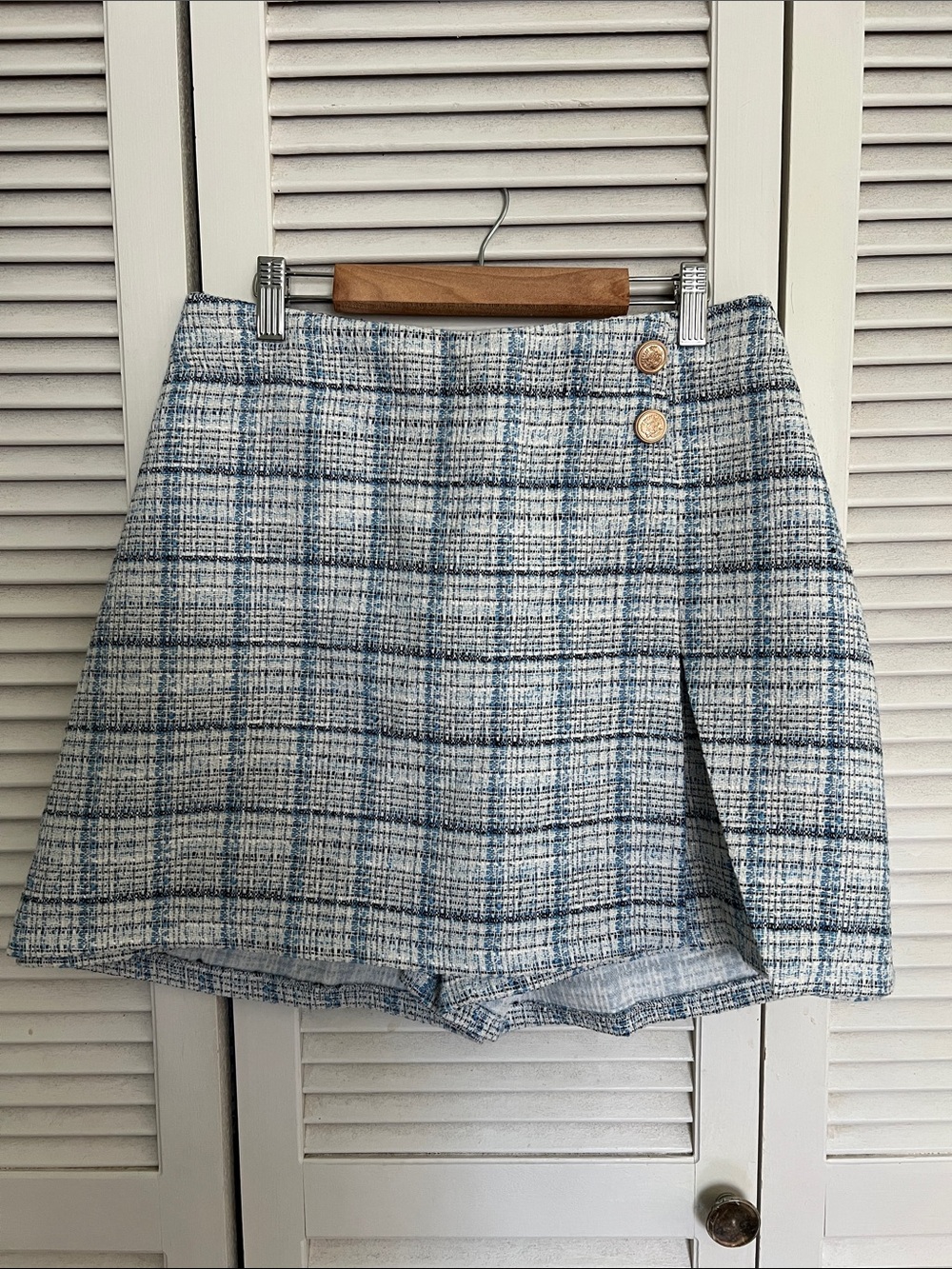 Plaid Blue Tweed Skort with Button Detail